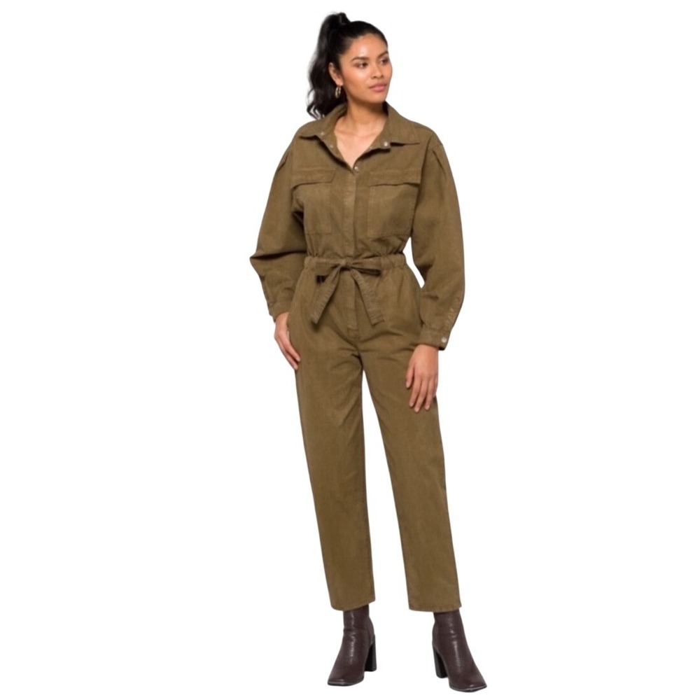 Good American Good Cinched Utility Jumpsuit Khaki Green Cotton Blend 4 (L/XL)